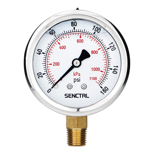 0-160 Psi Glycerine Filled Pressure Gauge, 1/4" NPT, 2.5" Dial