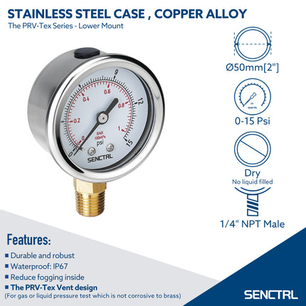 PRV-Tex 0-15 Psi Pressure Gauge, 1/4" NPT, 2" Dial