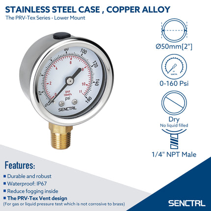 PRV-Tex 0-160 Psi Pressure Gauge, 1/4" NPT, 2" Dial