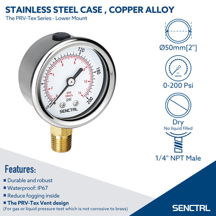 PRV-Tex 0-200 Psi Pressure Gauge, 1/4" NPT, 2" Dial