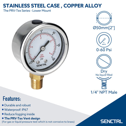 PRV-Tex 0-60 Psi Pressure Gauge, 1/4" NPT, 2" Dial