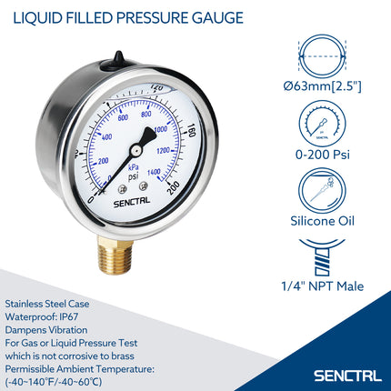 0-200 Psi Silicone Oil Filled Pressure Gauge, 1/4" NPT, 2.5" Dial