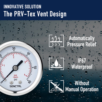 PRV-Tex 0-60 Psi Pressure Gauge, 1/4" NPT, 2" Dial, Back Mount