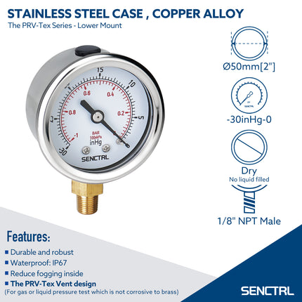 PRV-Tex 0-200 Psi Pressure Gauge, 1/8" NPT, 2" Dial