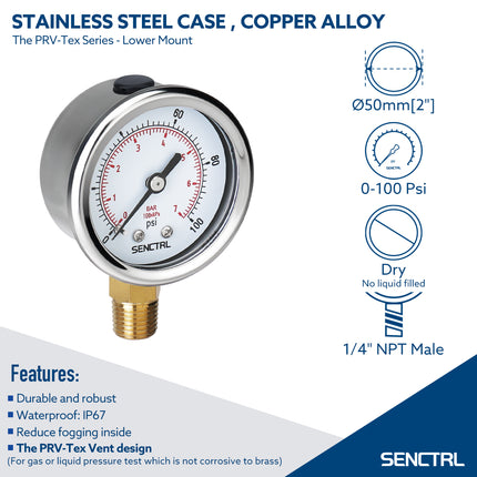 PRV-Tex 0-100 Psi Pressure Gauge, 1/4" NPT, 2" Dial