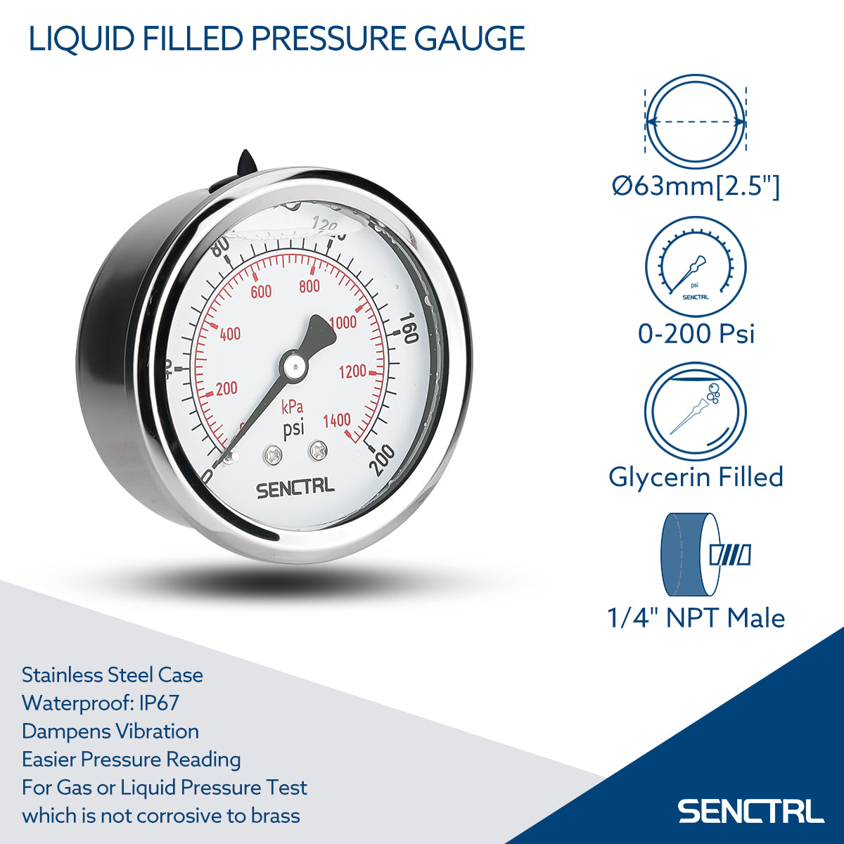 0-200 Psi Glycerine Filled Pressure Gauge, 1/4
