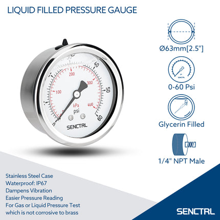 0-60 Psi Glycerine Filled Pressure Gauge, 1/4" NPT, 2.5" Dial, Back Mount