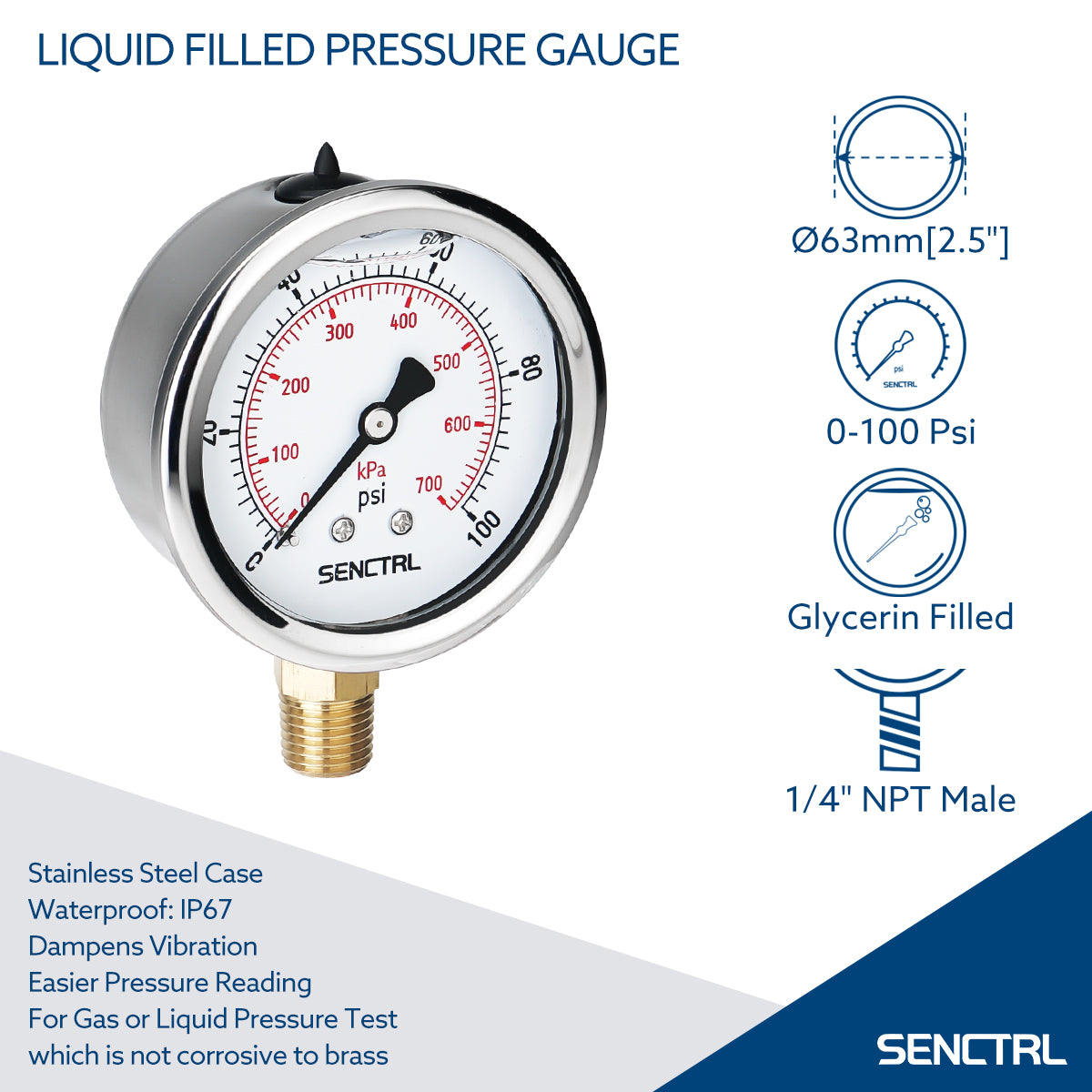 0-100 Psi Glycerine Filled Pressure Gauge, 1/4