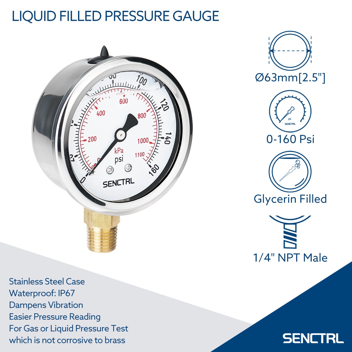 0-160 Psi Glycerine Filled Pressure Gauge, 1/4
