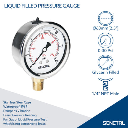0-30 Psi Glycerine Filled Pressure Gauge, 1/4" NPT, 2.5" Dial