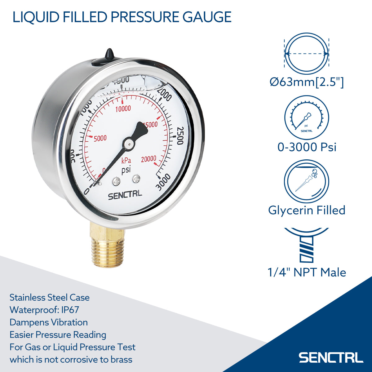 0-3000 Psi Glycerine Filled Pressure Gauge, 1/4