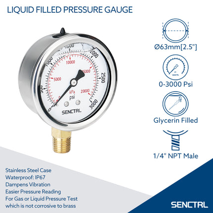 0-3000 Psi Glycerine Filled Pressure Gauge, 1/4" NPT, 2.5" Dial