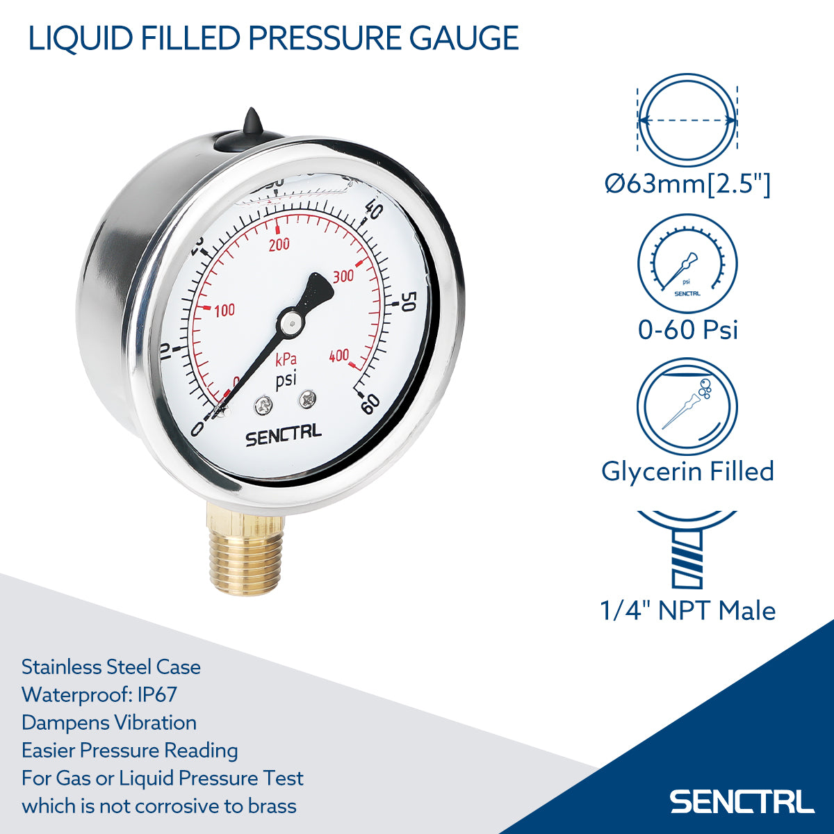 0-60 Psi Glycerine Filled Pressure Gauge, 1/4