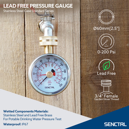 0-200 Psi Water Pressure Gauge with Lazy Hand, 3/4" GHT, 2.5" Dial, Lead Free