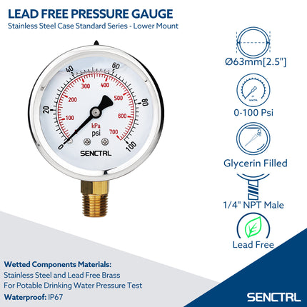 0-100 Psi Glycerine Filled Pressure Gauge, 1/4" NPT, 2.5" Dial, Lead Free