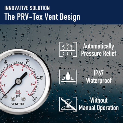 PRV-Tex 0-100 Psi Pressure Gauge, 1/4" NPT, 2" Dial, Back Mount