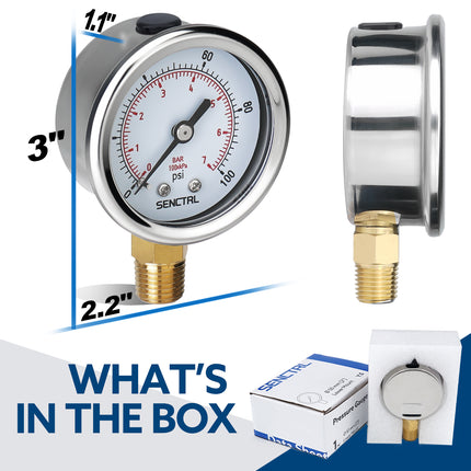 PRV-Tex 0-100 Psi Pressure Gauge, 1/4" NPT, 2" Dial, Lead Free