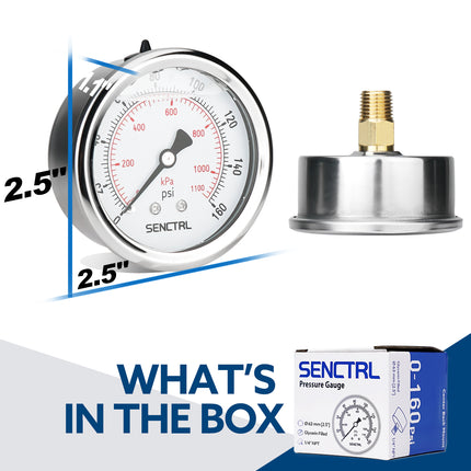 0-160 Psi Glycerine Filled Pressure Gauge, 1/4" NPT, 2.5" Dial, Back Mount