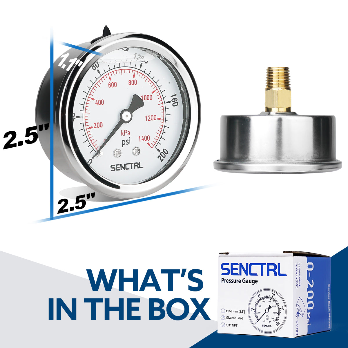 0-200 Psi Glycerine Filled Pressure Gauge, 1/4