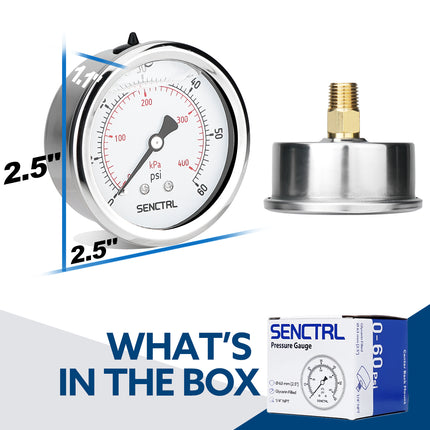 0-60 Psi Glycerine Filled Pressure Gauge, 1/4" NPT, 2.5" Dial, Back Mount