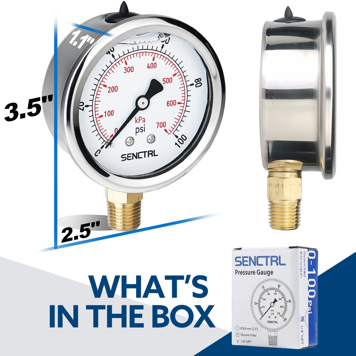 0-100 Psi Glycerine Filled Pressure Gauge, 1/4
