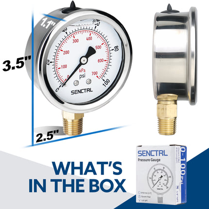 0-100 Psi Glycerine Filled Pressure Gauge, 1/4" NPT, 2.5" Dial