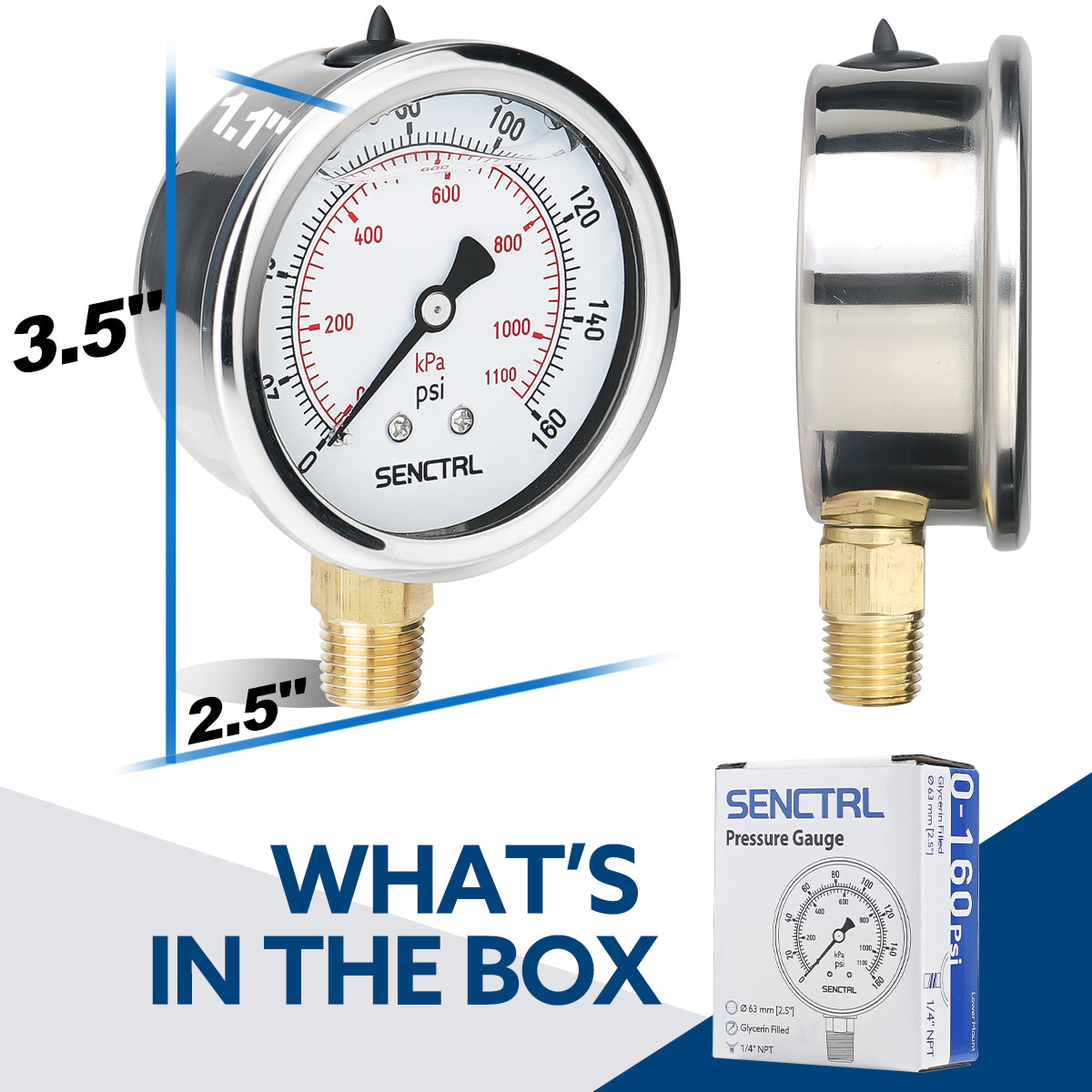 0-160 Psi Glycerine Filled Pressure Gauge, 1/4