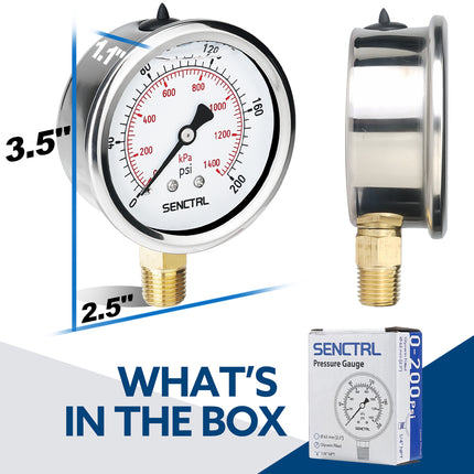 0-200 Psi Glycerine Filled Pressure Gauge, 1/4" NPT, 2.5" Dial