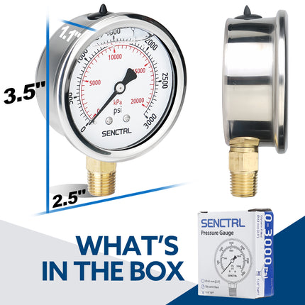 0-3000 Psi Glycerine Filled Pressure Gauge, 1/4" NPT, 2.5" Dial
