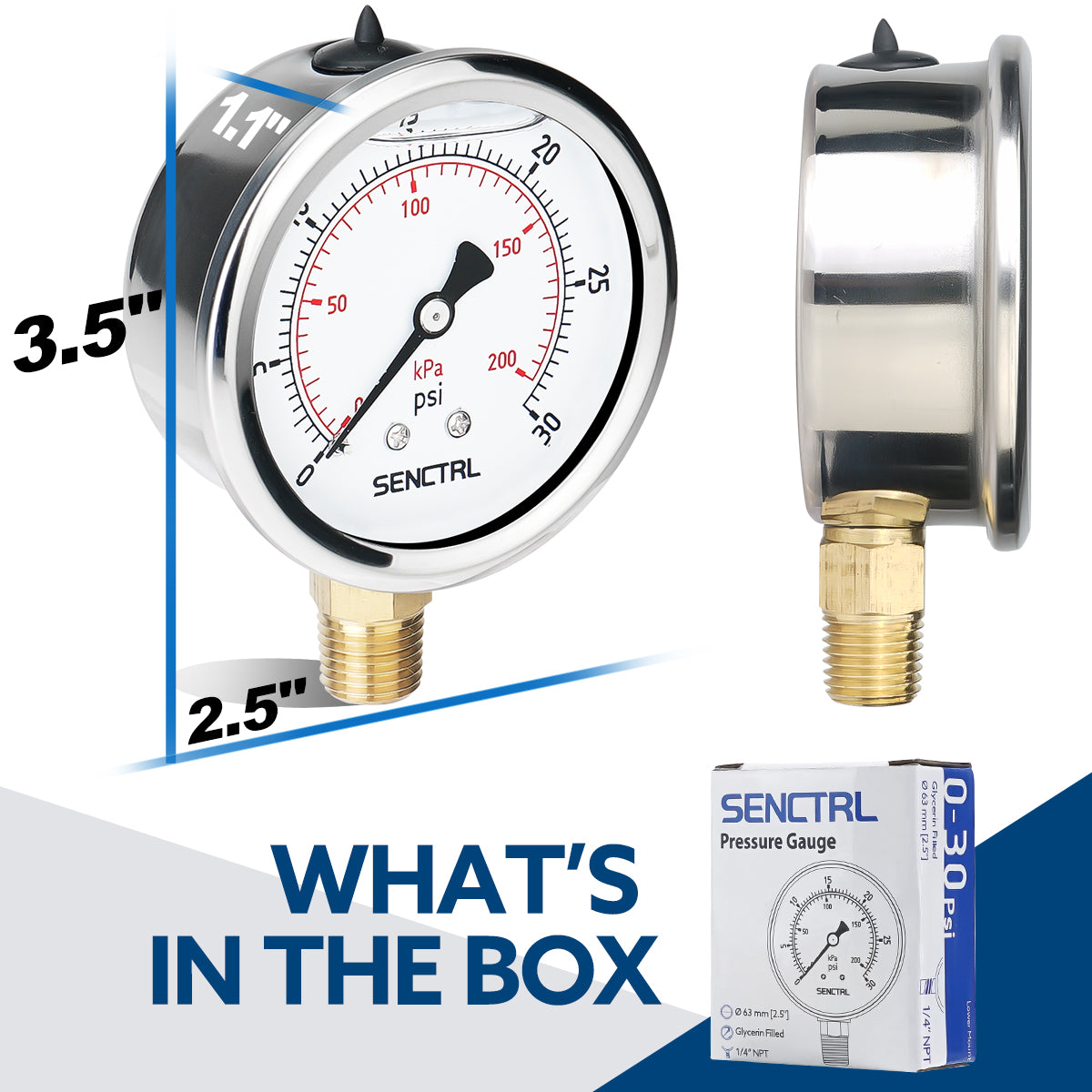 0-30 Psi Glycerine Filled Pressure Gauge, 1/4