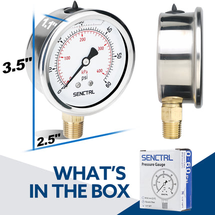 0-60 Psi Glycerine Filled Pressure Gauge, 1/4" NPT, 2.5" Dial