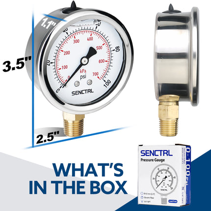 0-100 Psi Glycerine Filled Pressure Gauge, 1/4" NPT, 2.5" Dial, Lead Free