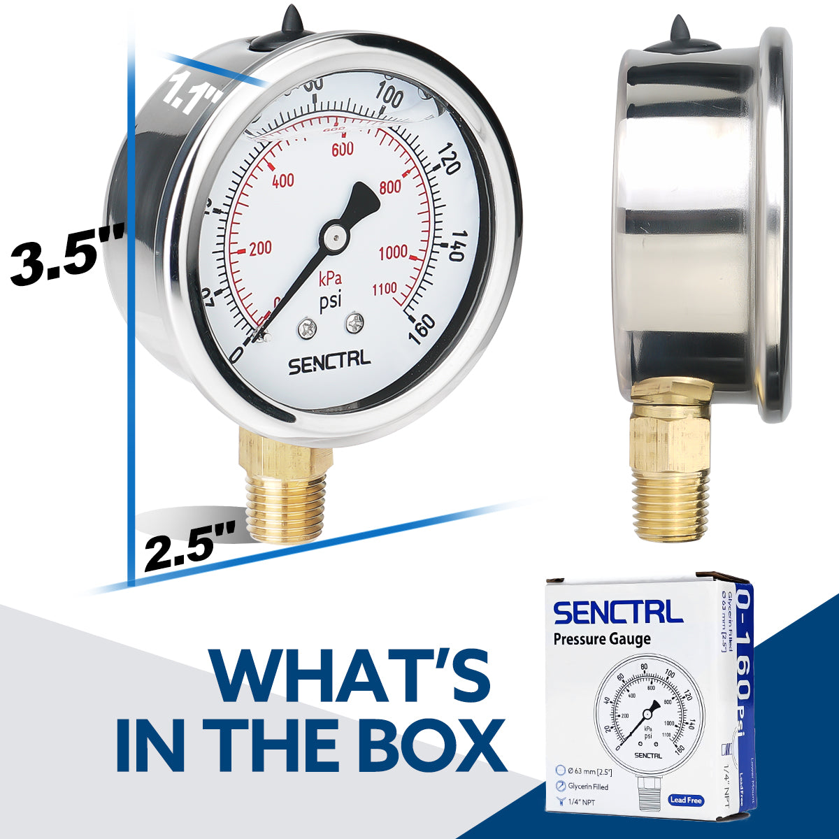 0-160 Psi Glycerine Filled Pressure Gauge, 1/4