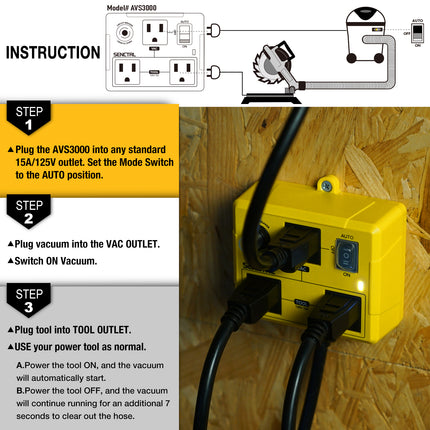 SENCTRL Automatic Vacuum Switch for Power Tools to Turn Vac On and Off Auto, Safety Overload Circuit Breaker, Auto Switch for Woodworking Table Saw, Delay Shut Off Shop Vac, Dust Collector