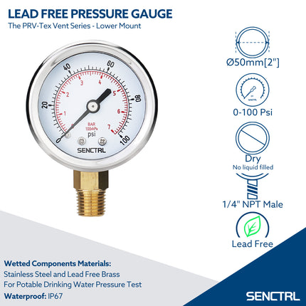PRV-Tex 0-100 Psi Pressure Gauge, 1/4" NPT, 2" Dial, Lead Free