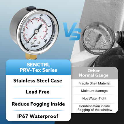 PRV-Tex 0-100 Psi Pressure Gauge, 1/4" NPT, 2" Dial, Lead Free