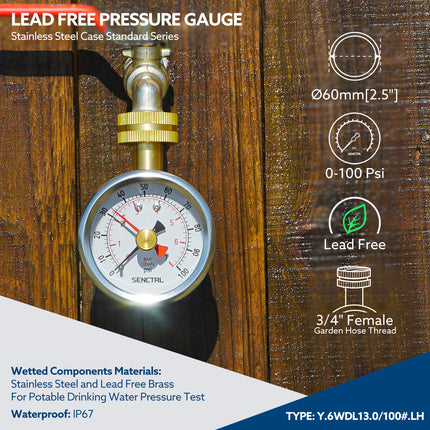 0-100 Psi Water Pressure Gauge with Lazy Hand, 3/4" GHT, 2.5" Dial, Lead Free