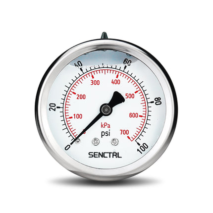 0-100 Psi Glycerine Filled Pressure Gauge, 1/4" NPT, 2.5" Dial, Back Mount