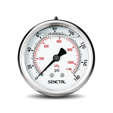 0-160 Psi Glycerine Filled Pressure Gauge, 1/4" NPT, 2.5" Dial, Back Mount