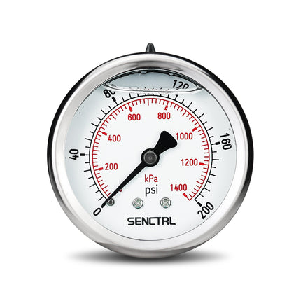 0-200 Psi Glycerine Filled Pressure Gauge, 1/4" NPT, 2.5" Dial, Back Mount
