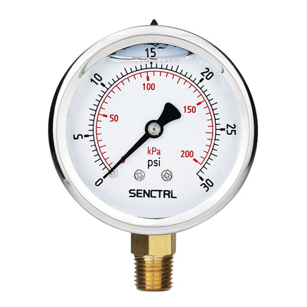 0-30 Psi Glycerine Filled Pressure Gauge, 1/4" NPT, 2.5" Dial