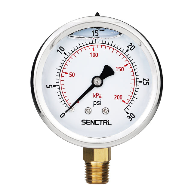 0-30 Psi Glycerine Filled Pressure Gauge, 1/4" NPT, 2.5" Dial
