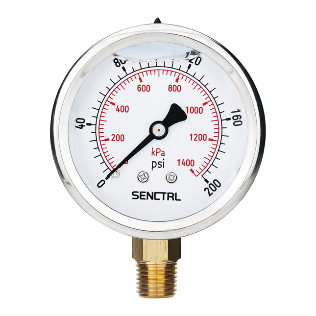 0-200 Psi Glycerine Filled Pressure Gauge, 1/4" NPT, 2.5" Dial