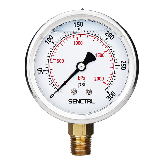 0-300 Psi Glycerine Filled Pressure Gauge, 1/4" NPT, 2.5" Dial