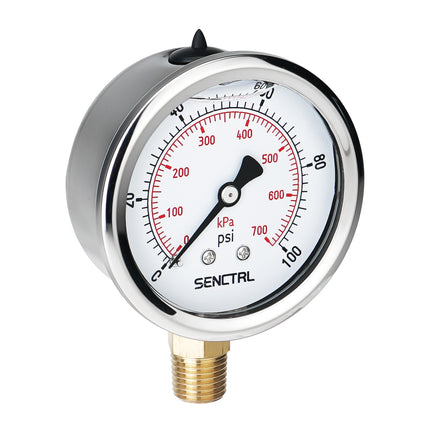 0-100 Psi Glycerine Filled Pressure Gauge, 1/4" NPT, 2.5" Dial, Lead Free