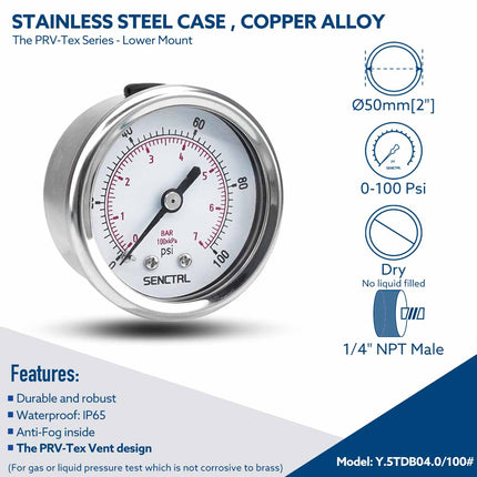 PRV-Tex 0-100 Psi Pressure Gauge, 1/4" NPT, 2" Dial, Back Mount