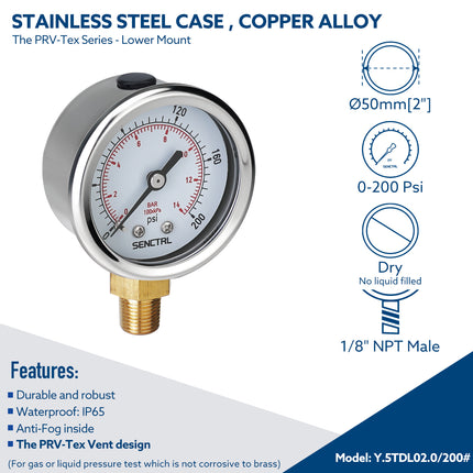 PRV-Tex 0-200 Psi Pressure Gauge, 1/8" NPT, 2" Dial