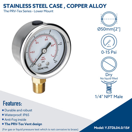PRV-Tex 0-15 Psi Pressure Gauge, 1/4" NPT, 2" Dial