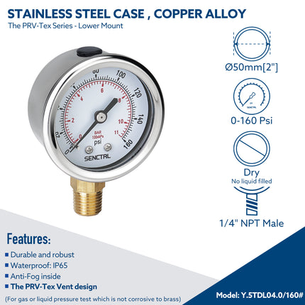 PRV-Tex 0-160 Psi Pressure Gauge, 1/4" NPT, 2" Dial