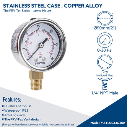 PRV-Tex 0-30 Psi Pressure Gauge, 1/4" NPT, 2" Dial